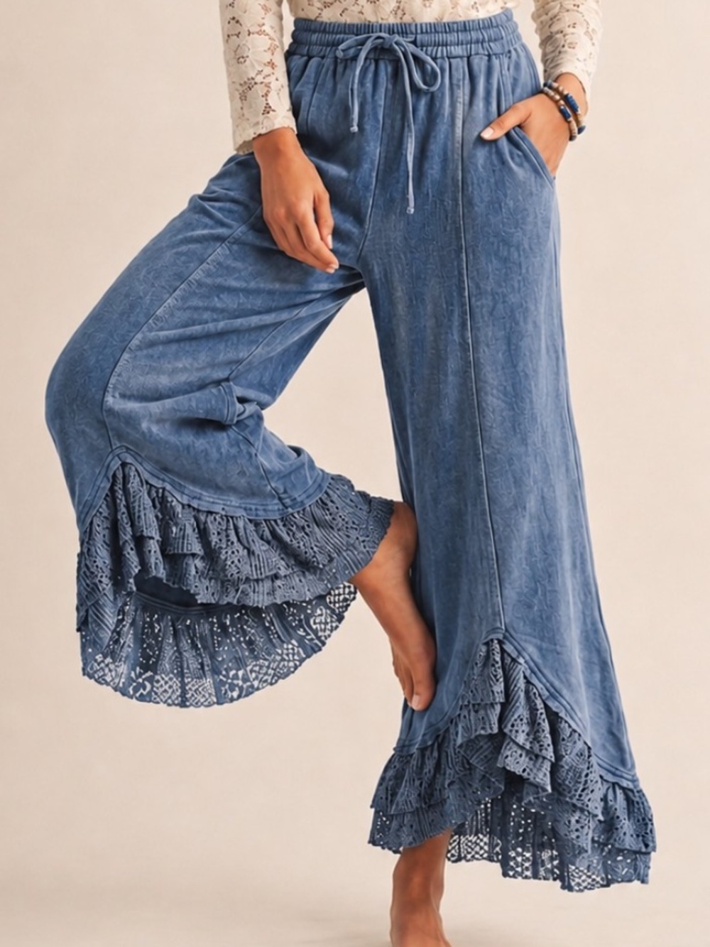 COMING SOON in NOVEMBER LovLov Blue Mineral Wash Vintage Lace Ruffle Pants